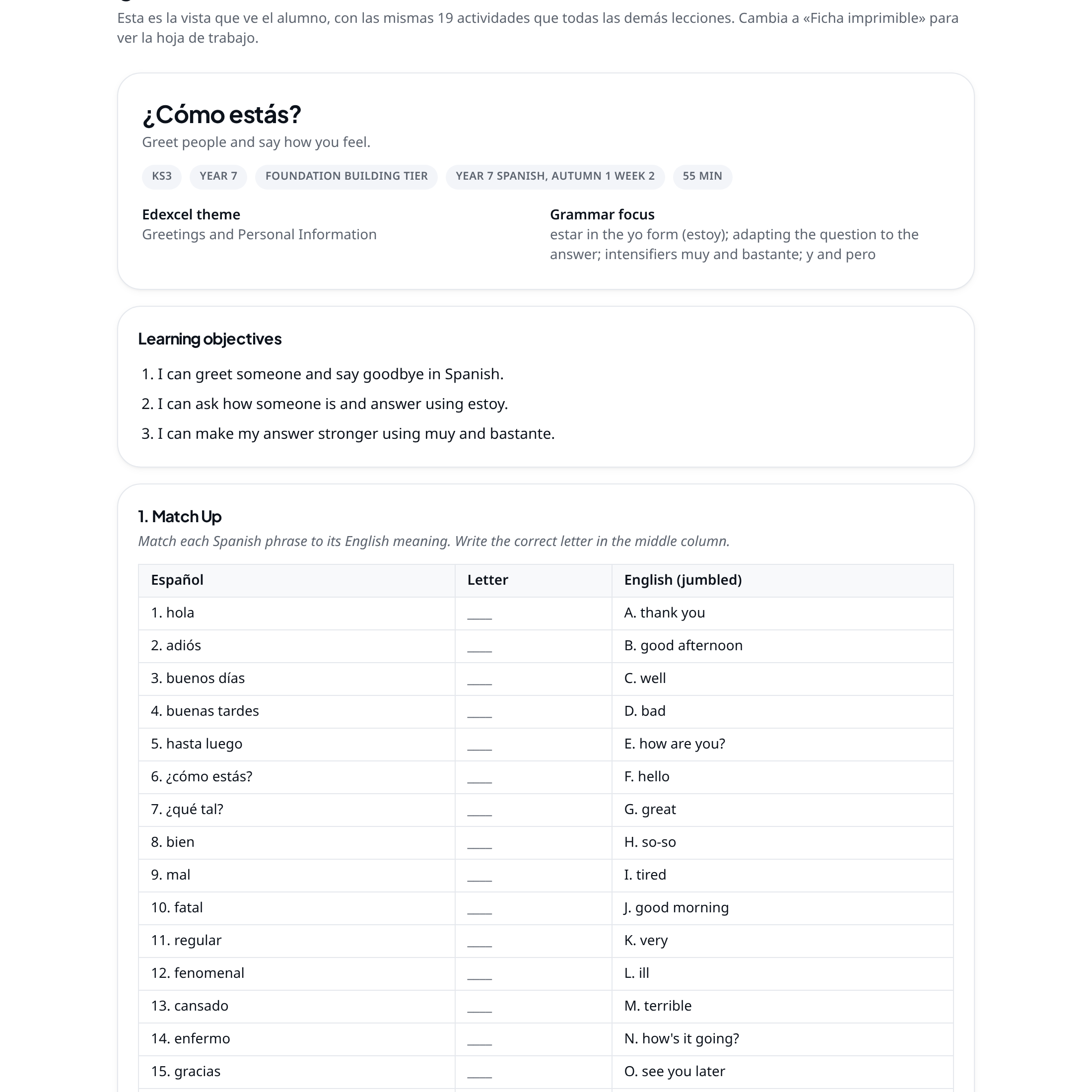 Vista de la lección: objetivos y actividad 1, Emparejar, con las traducciones desordenadas